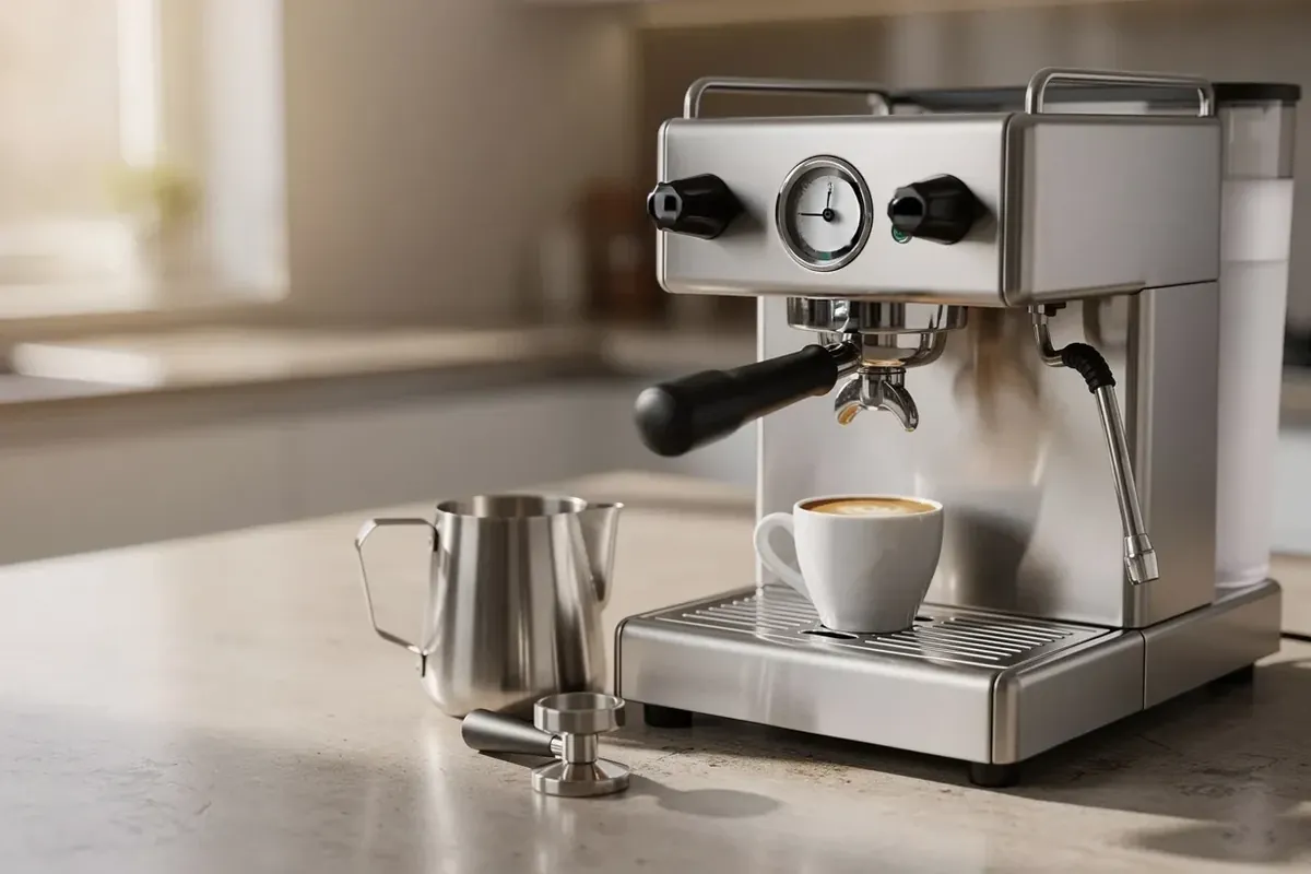 Siebträgermaschine aus Edelstahl mit eingespanntem Siebträger, Espresso, Milchkännchen und Tamper