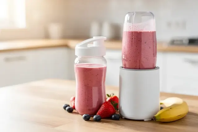 Smoothie-Maker mit Beeren-Smoothie im Mixbecher, daneben To-go-Flasche, Erdbeeren und Banane