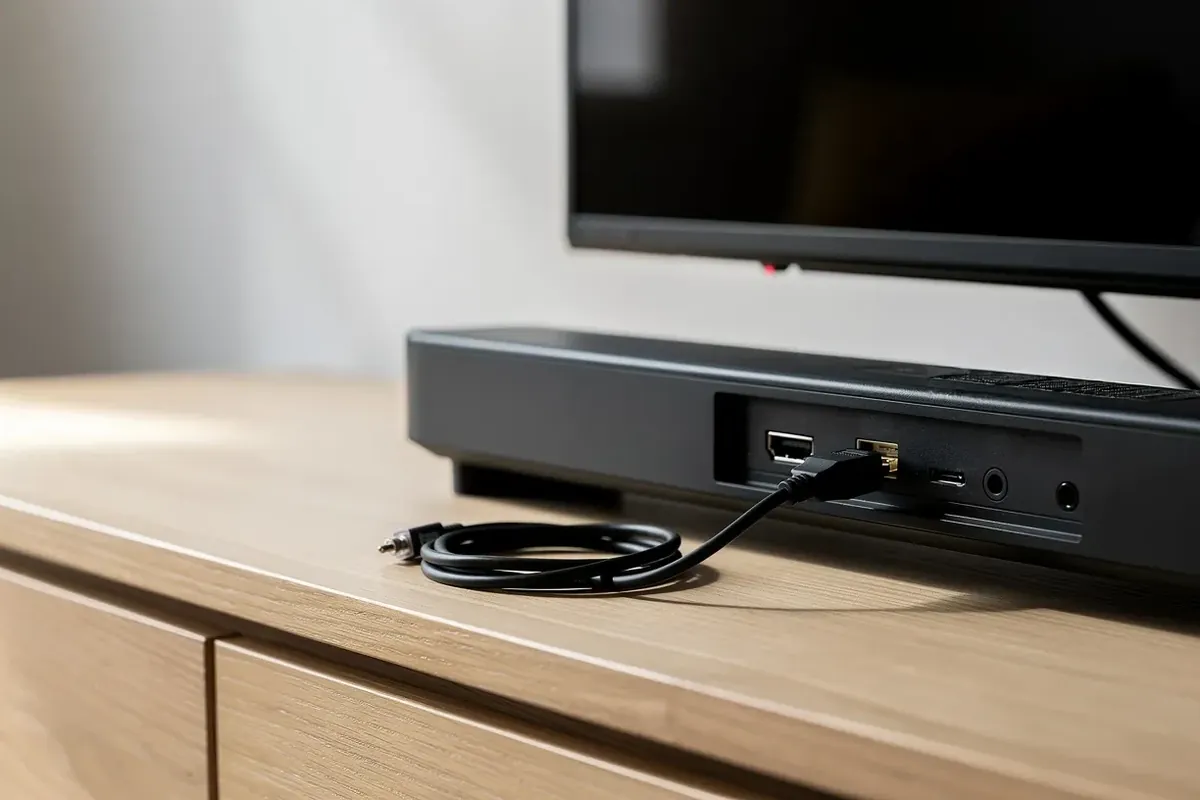 HDMI-Kabel steckt im Anschluss auf der Rückseite einer schwarzen Soundbar unter dem Fernseher, daneben ein Kabel