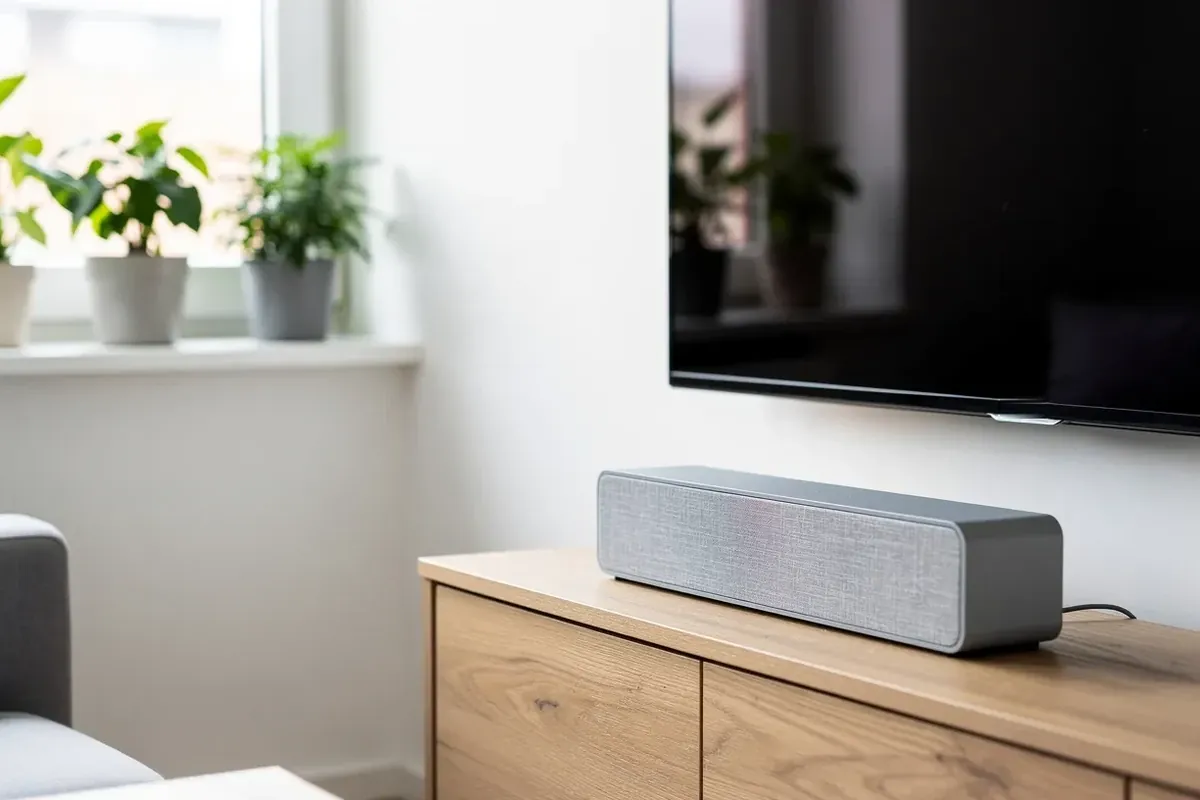 Kompakte graue Soundbar ohne Subwoofer auf einem hellen Eichen-Sideboard unter dem Fernseher, Pflanzen am Fenster