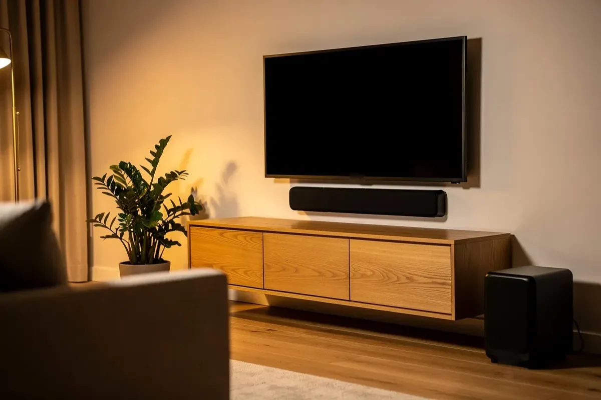 Schwarze Soundbar unter einem Wandfernseher, daneben ein kompakter Subwoofer auf dem Holzboden im Abendlicht