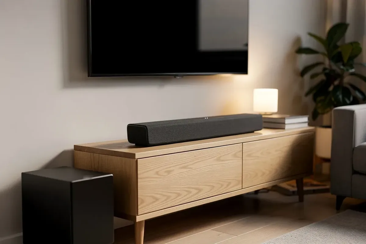 Schwarze Soundbar auf Eichen-Sideboard unter dem Fernseher, daneben ein Subwoofer
