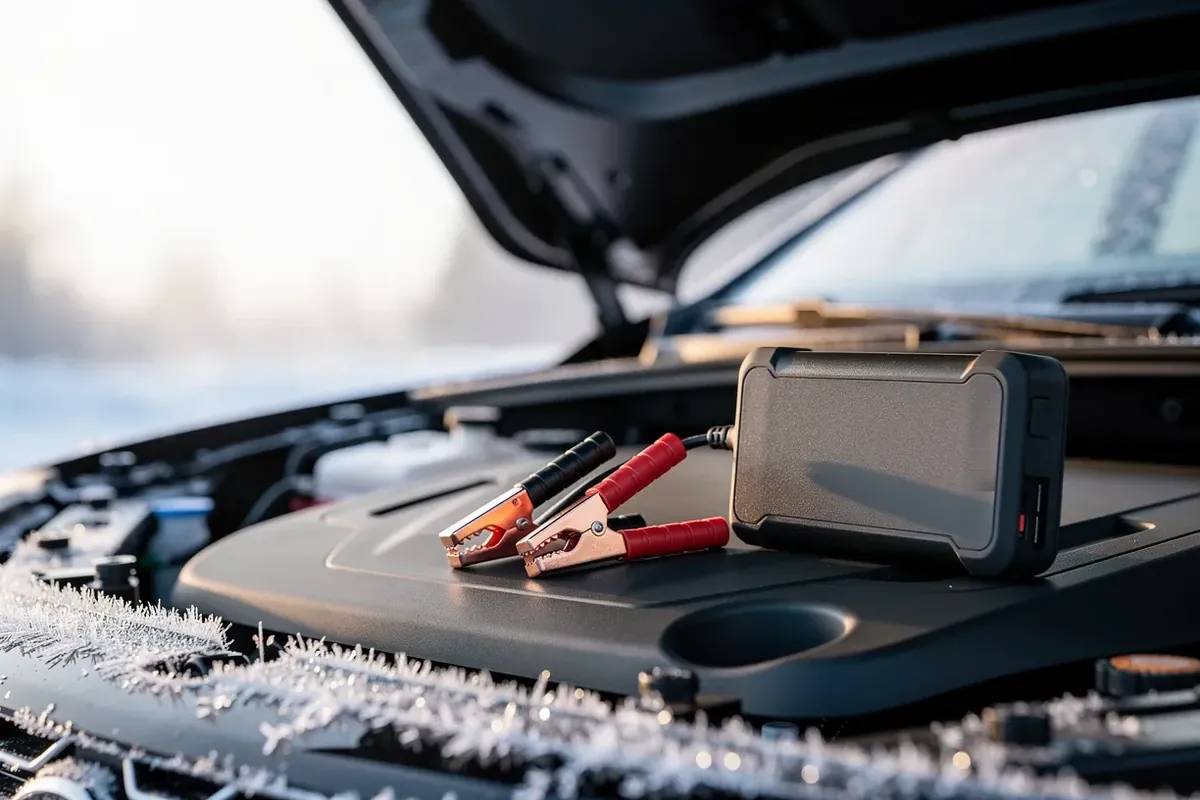 Starthilfe-Powerbank mit roter und schwarzer Polzange im Motorraum eines Autos an einem Wintermorgen