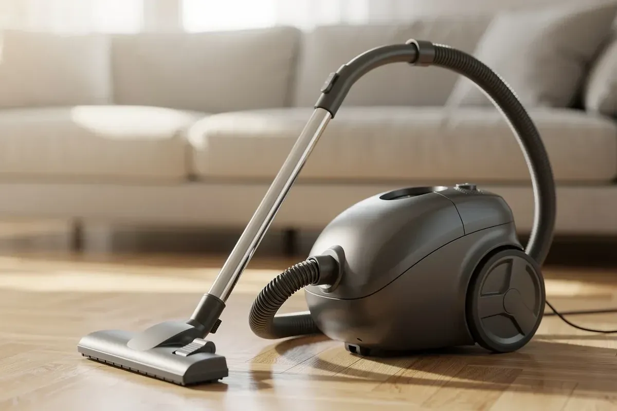 Bodenstaubsauger mit Kabel, Schlauch, Teleskoprohr und Bodendüse auf hellem Eichenparkett im Wohnzimmer