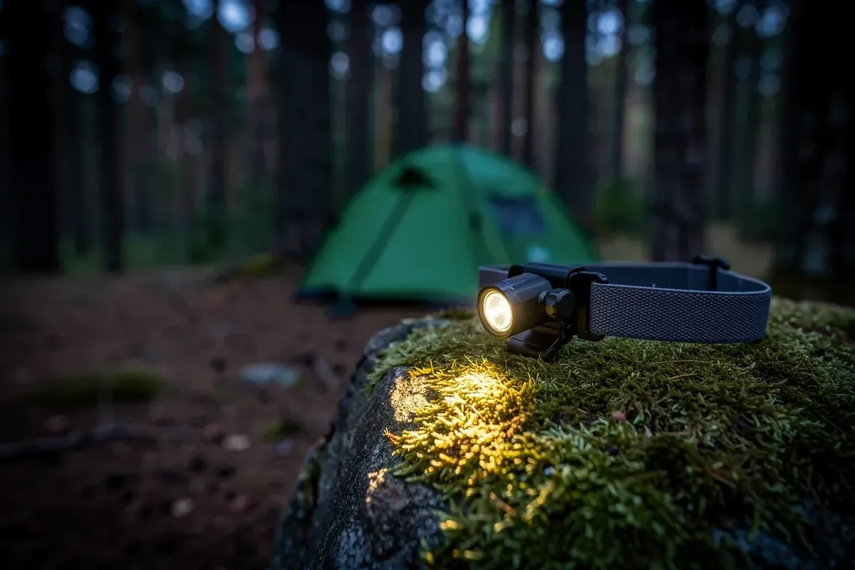 Eingeschaltete LED-Stirnlampe mit grauem Stirnband auf bemoostem Felsen vor einem Zelt im Wald