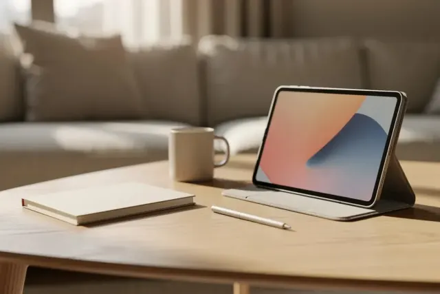 Schlankes Tablet in Folio-Hülle auf einem Couchtisch aus Eiche, daneben Notizbuch, Stift und Tasse