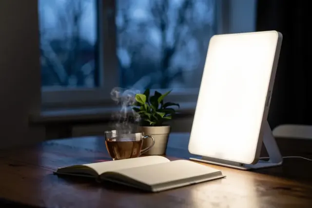 Eingeschaltete Tageslichtlampe auf einem Tisch am Wintermorgen, davor Tee und ein Notizbuch