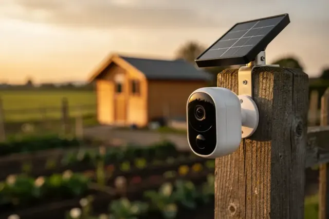 Akku-Überwachungskamera mit Solarpanel an einem Holzpfosten im Garten, dahinter Gartenhaus und Felder im Abendlicht