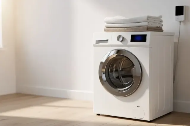 Frontlader-Waschmaschine mit Handtüchern, daneben ein Energiemessgerät in der Steckdose