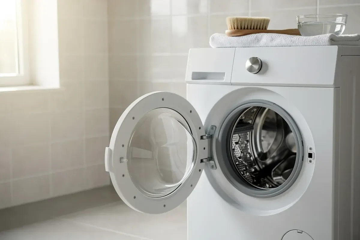 Weiße Waschmaschine mit geöffneter Tür und sauberer Türmanschette, darauf Handtuch, Bürste und Wasserschale