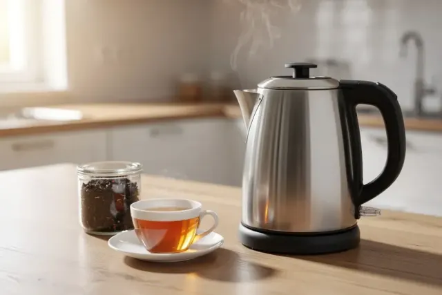 Edelstahl-Wasserkocher auf Sockel mit Dampf neben einer Tasse Tee auf heller Küchenarbeitsplatte