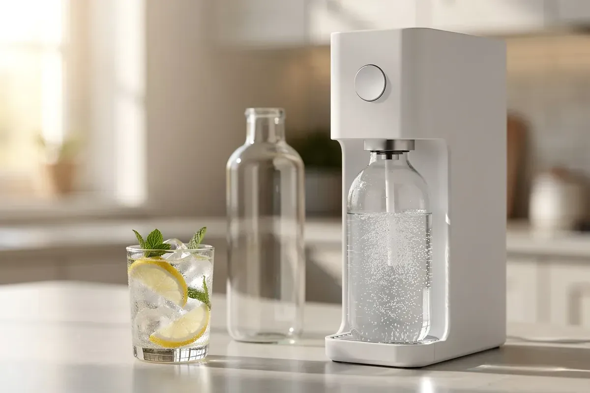 Weißer Wassersprudler mit Glaskaraffe in der Küche, davor ein Glas Sprudelwasser mit Zitrone