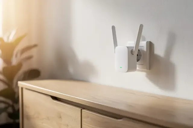 Weißer WLAN-Repeater mit zwei Antennen in einer Steckdose über einem hellen Holz-Sideboard